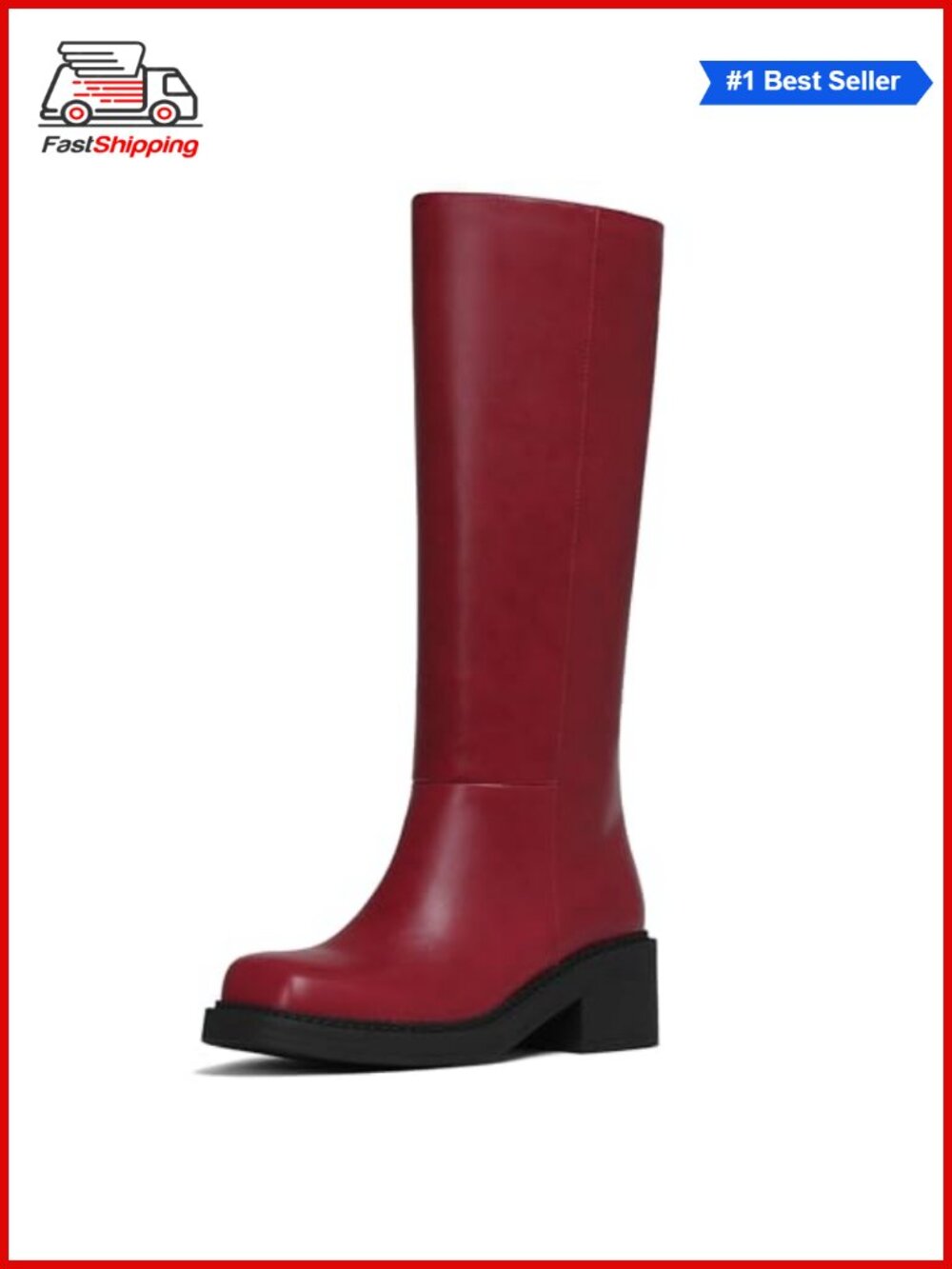 ✨ Knee High Boots Square Toe Chunky Block Heel Zip Wide Calf Womens